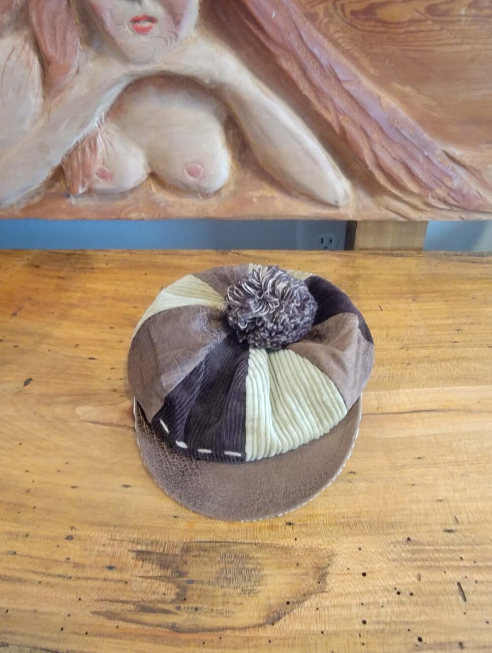 Vintage Look JCT Corduroy Patchwork Newsboy Cap w/Yarn Pom Pom - Picture 9 of 15